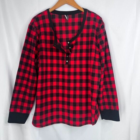 Jaclyn Intimates Red Black Buffalo Plaid Fleece Button Vneck Sleep Top Size 2X - Picture 9 of 9